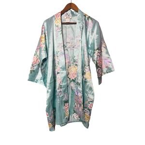 Juguemm Women 35 Blue Floral Print Silky Lightweight Short Sleeve Kimono Robe
